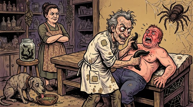 Mad Country Doctor Applying Leeches to Screaming Terrified Patient Cartoon