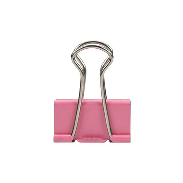 Small pink metal binder clip with silver wire handles for document organization isolated on a transparent background