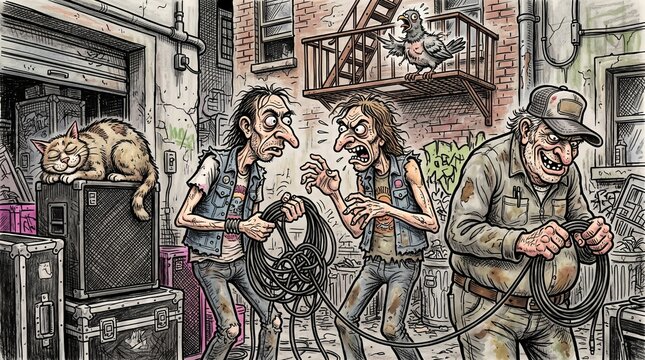Gritty Rock Concert Backstage Roadies Arguing Over Tangled Cables