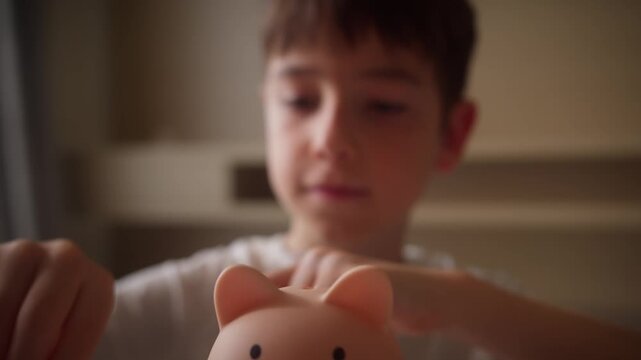 Portrait child saving coins in a piggy bank dream close up. Closeup hand throwing coins into piggy bank.