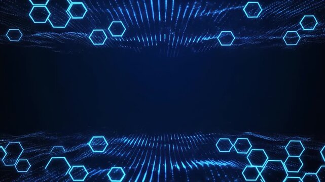 Abstract blue digital wave pattern with hexagonal particles in dark background during scientific motion