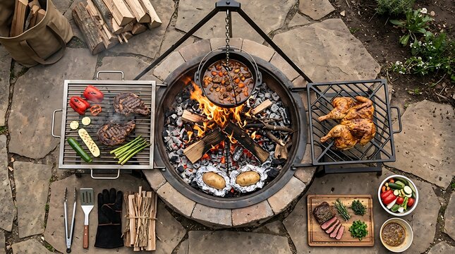Gourmet outdoor campfire cooking with assorted meats and vegetables