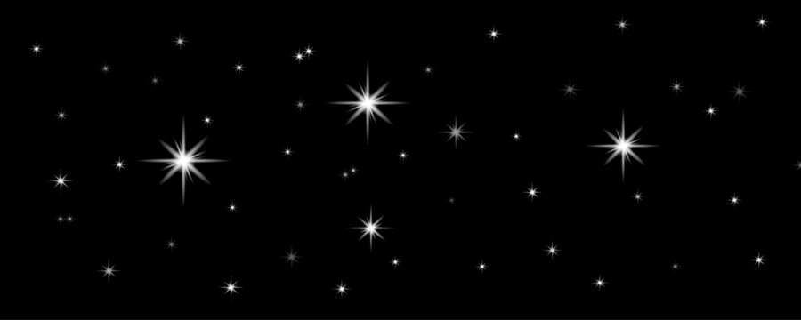 Abstract background featuring bright white glowing star sparkles and light particles scattered on a deep black backdrop