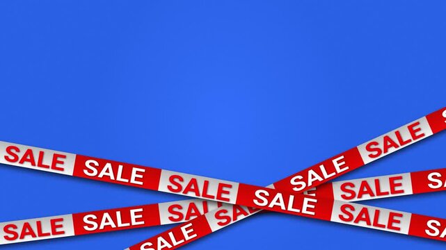 Blue background with red and white tape with text Sale. Promotional warning banner for shopping concept, retail marketing event, seasonal discount announcement