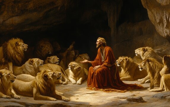 Ancient Daniel prophet sits peacefully among lions in a dimly lit cave, depicting miraculous divine protection and unwavering faith amidst danger