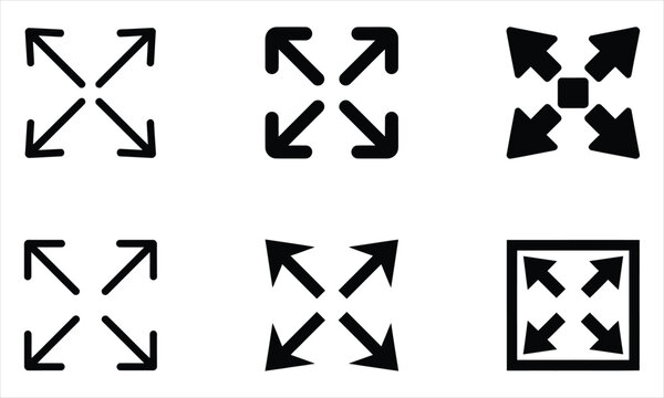 Expand and fullscreen vector icon set featuring diagonal arrows, maximize window, scaling, and interface navigation symbols