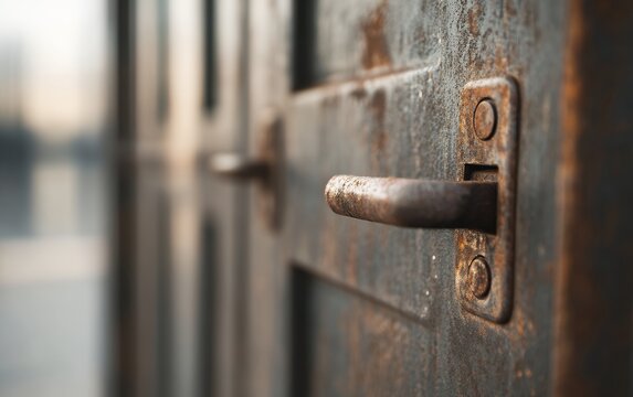 A close-up of a rustic metal door handle, highlighting texture and vintage charm with a blurred background