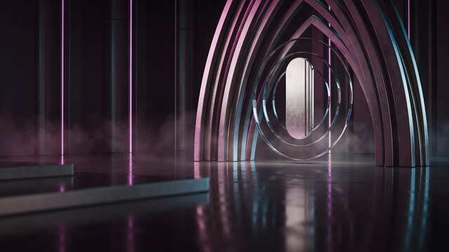 Abstract futuristic architectural archway with neon lighting and smoky atmosphere sci fi architecture structure futuristic abstract lighting