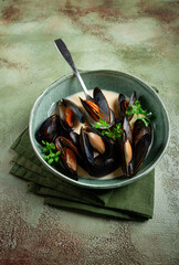 mussels in shells, in creamy garlic sauce, mussels in bechamel sauce, homemade, no people, © Gala_Didebashvili