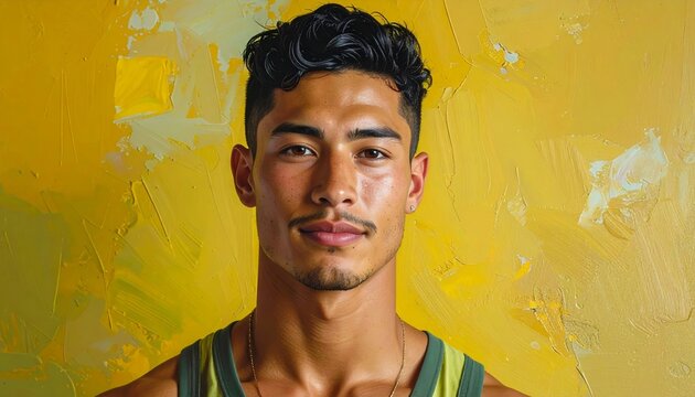 Young Man with Athletic Build Against Vibrant Yellow Backdrop