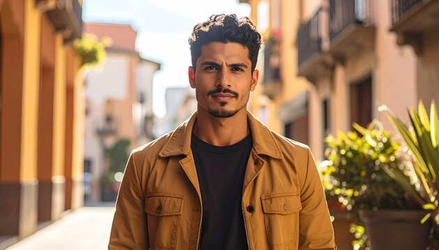 Young Man with Facial Hair Wearing Casual Jacket Outdoors