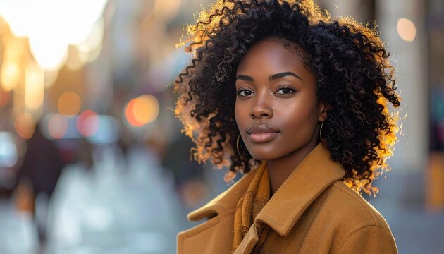Woman with Curly Hair Wearing Brown Coat in City Street