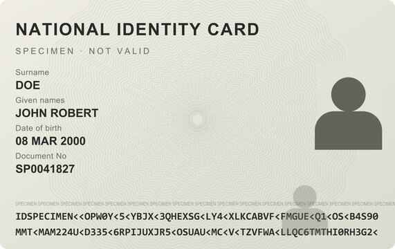 Specimen national identity card template with machine readable zone, isolated on transparent background