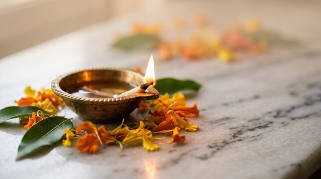 A glowing earthen oil lamp surrounded by marigold flowers for Durga Puja celebration