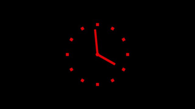 Minimalist red analog clock face animation on black background, time passing concept watch timer countdown