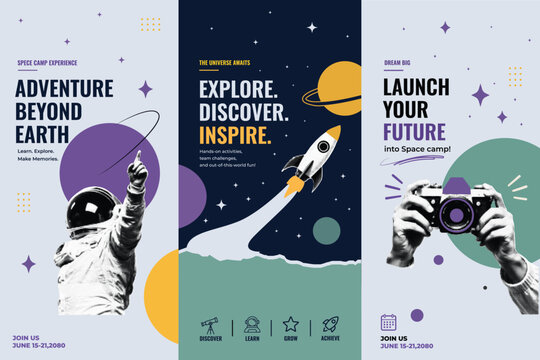 Halftone Pop Art Poster Set with Astronaut, Rocket, and Camera. Space Camp Adventure: Beyond Earth Explore, Discover, Inspire Typography. Kids Science Education Concept