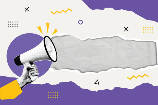 Halftone Pop Art Collage with Hand Holding Megaphone and Blank Torn Paper Banner. Marketing Announcement Template with Copy Space in Retro Style with Purple and Yellow
