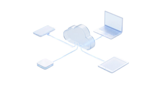 Isometric cloud computing network icon, blue glass technology devices connected to cloud storage, digital data synchronization concept