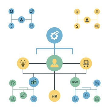 Business Organization Chart with Icons - Management Structure and Teamwork