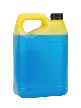 Plastic gallon container filled with blue liquid isolated on white background