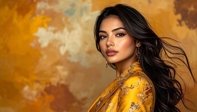 Fashion Portrait of Elegant Woman in Luxury Gold Embroidered Suit