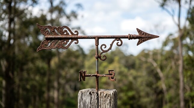 Rusty ornate arrow weather vane on timber post against trees