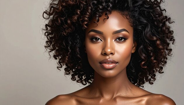 Woman with Voluminous Curly Hair and Glowing Skin Portrait