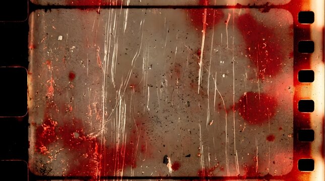 Distressed  home movie film frame with heavy dust scratches and red burn