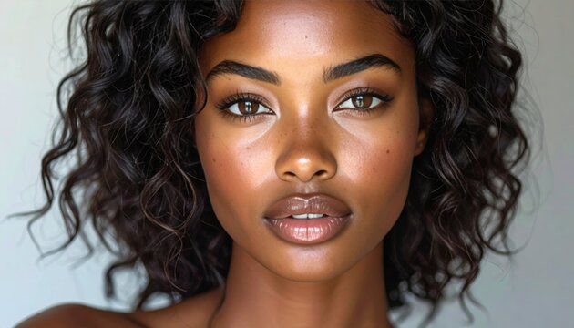 Young Woman with Glowing Skin and Curly Hair Portrait