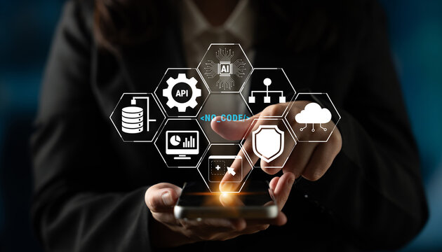 Business Professional Using Smartphone Application for Data Analysis and Digital Solutions with Modern Technology Icons and Graphics Quark.