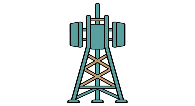 Cell tower illustration depicts a stylized communication structure with a white background telecom transmission antenna
