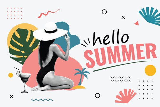 Halftone Pop Art Collage with a Woman in a Sun Hat and Swimsuit Sitting on a Beach. Hello Summer Typography with Cocktail and Palm Tree. Vacation Concept in Retro Style