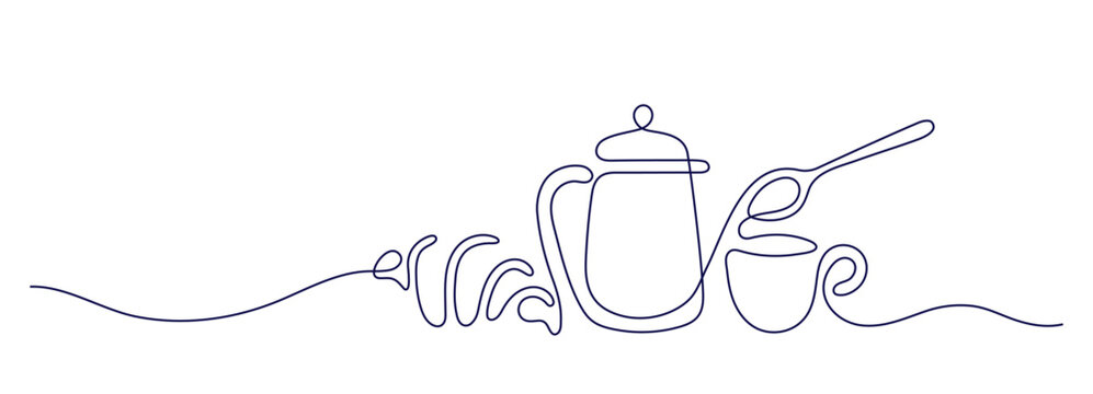 Coffee cup with croissant. Vector continuous line drawing. Minimalist breakfast illustration perfect for cafe menu, logo or modern kitchen decor with elegant symbol. Editable stroke