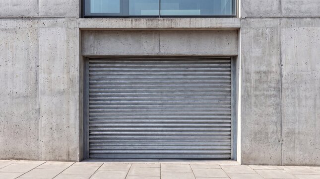 Closed metal roller shutter door on concrete building facade. Empty storefront with grey rolling gate on street. Modern urban architecture exterior background with copy space