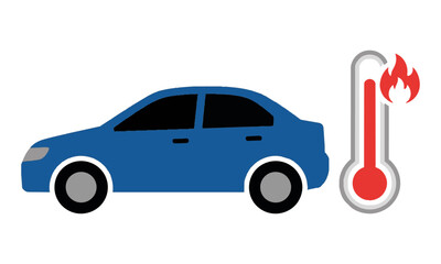 Naklejka premium Simple side view car icon next to a high temperature thermometer on white, symbolizing engine overheating and vehicle trouble. Automotive warning concept