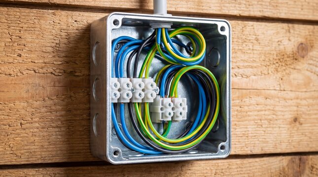 Metal electrical junction box with colorful wires and terminal blocks mounted on wooden wall. Electrical installation and wiring connection concept. Home repair and construction work.