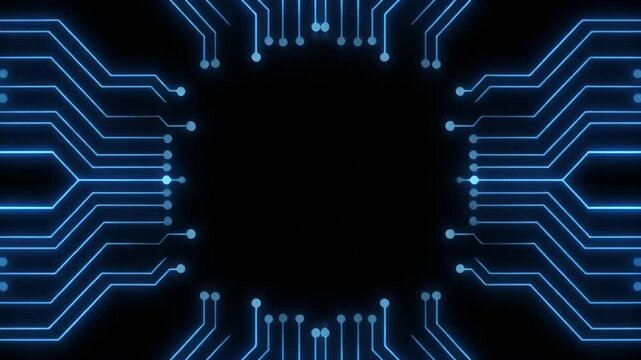 Abstract circuit board pattern glowing with blue light during a digital data flow animation