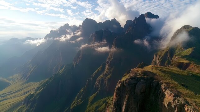 Mountain range with dramatic peaks and rolling green hills