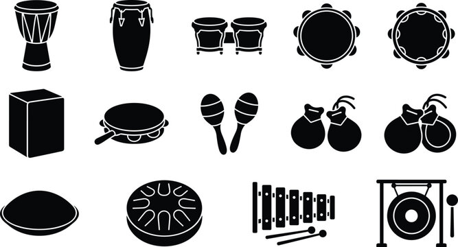 Percussion Musical Instruments Vector Glyph Icon Set Including Djembe Conga Cajon Maracas and Gong