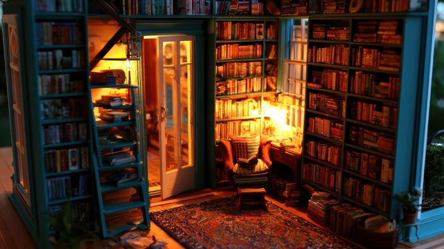 A small library nook with bookshelves filled with many books. A tiny reader sits comfortably in a chair while warm light fills the space.