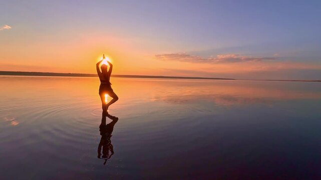 Silhouette of woman in yoga tree pose in calm lake at sunset. Ideal for commercial advertising, cinematic projects and documentaries.
