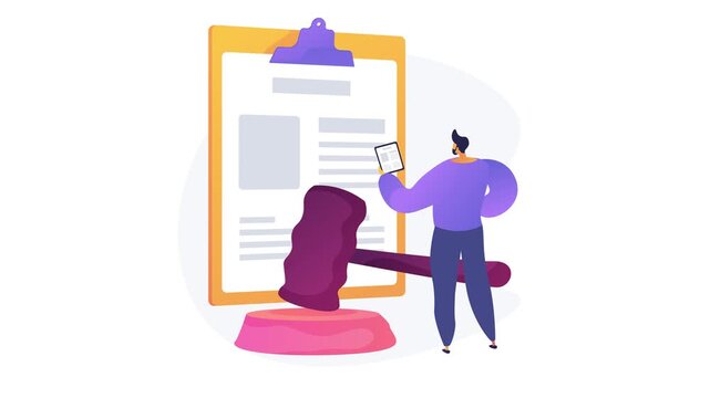 Legal professional reviewing documents and holding gavel in stylized vector illustration
