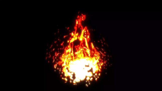 Fire explosion 2D FX flash animation with cartoon fire and smoke, red fire burn reveal animated with glow and without glow effect fire visual effect on black screen, 4K video.