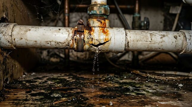 Rusty, leaking pipe with water dripping onto a dirty, wet floor in a dark, grimy basement, highlighting urgent plumbing repair needs.