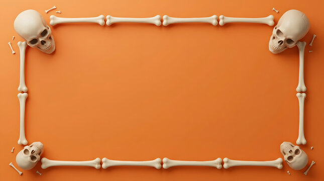 A rectangular frame made of human bones and skulls isolated on a bright orange background for halloween themes