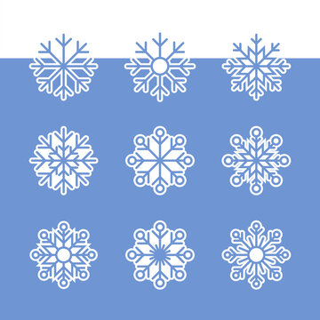 White outline snowflake stickers set isolated on blue background, winter snow flakes with thick offset border elements for Christmas greeting card design and app UI