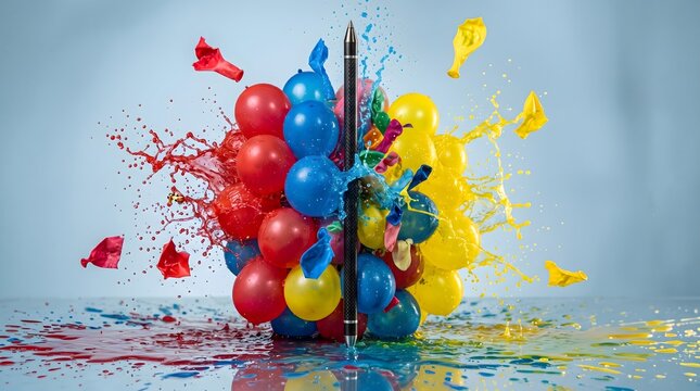 Explosion of Color: A dynamic composition capturing the simultaneous burst of red, blue, and yellow balloons, creating a vibrant spectacle of water and latex fragmentation.