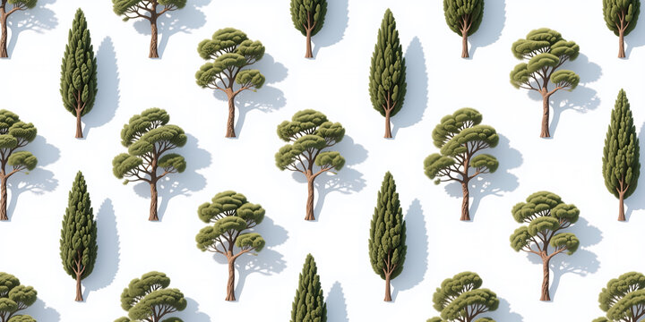 A pattern featuring random arrangement of various trees with distinct shapes and sizes, characterized by green foliage and brown trunks, on a white background.