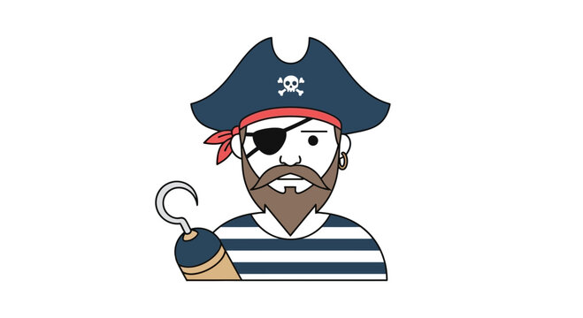 Cartoon Pirate Character with Hook Hand and Eye Patch
