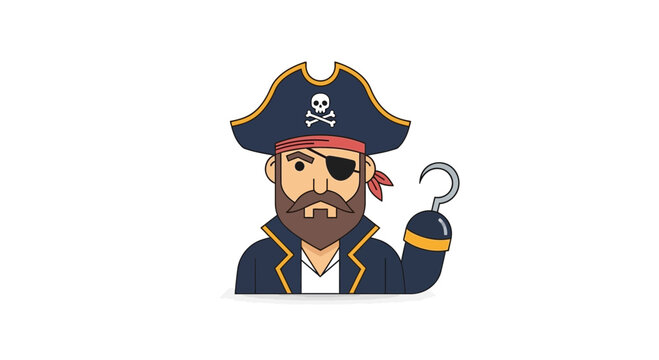 Cartoon Pirate Character with Eye Patch and Hook Hand Isolated